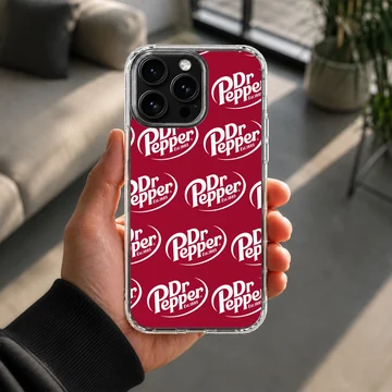 Phone case with bold DrPepper logo pattern in red and white — Lifestyle