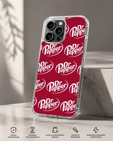 Phone case with bold DrPepper logo pattern in red and white — Specs