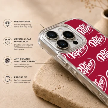 Phone case with bold DrPepper logo pattern in red and white — Info