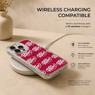 Phone case with bold DrPepper logo pattern in red and white — Charging