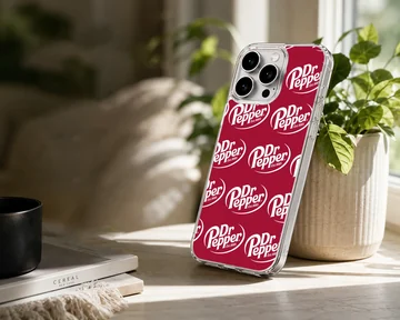 Phone case with bold DrPepper logo pattern in red and white — Lifestyle