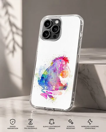Colorful watercolor Eeyore design on phone case — Specs