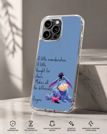 Blue Eeyore cartoon with quote on phone case — Specs