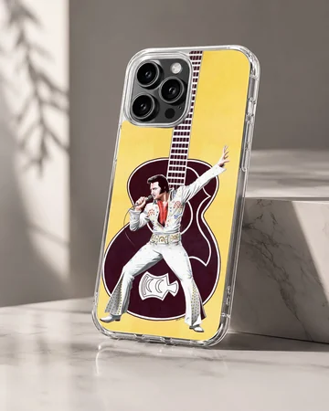 Elvis Presley performing with guitar on yellow backdrop phone case — Hero