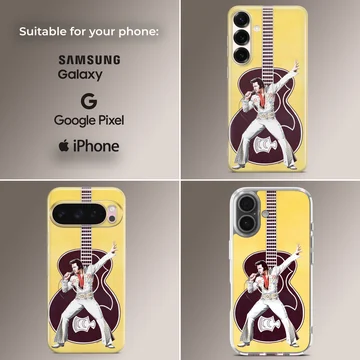 Elvis Presley performing with guitar on yellow backdrop phone case — Collage