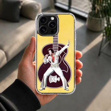 Elvis Presley performing with guitar on yellow backdrop phone case — Lifestyle