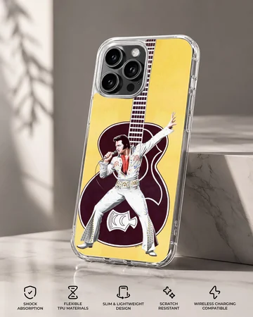 Elvis Presley performing with guitar on yellow backdrop phone case — Specs