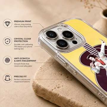 Elvis Presley performing with guitar on yellow backdrop phone case — Info
