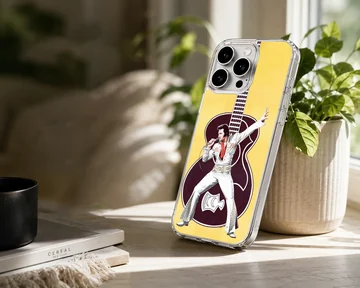 Elvis Presley performing with guitar on yellow backdrop phone case — Lifestyle
