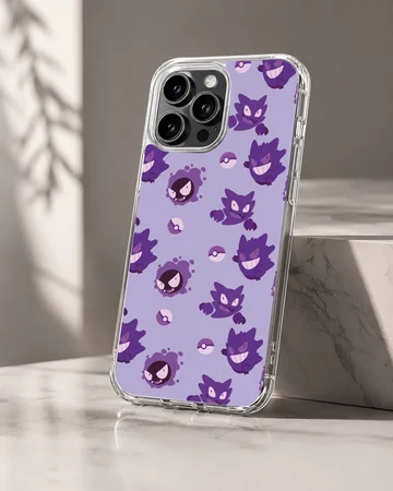 Gengar cartoon pattern with Poké Balls in purple on phone case — Hero