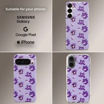 Gengar cartoon pattern with Poké Balls in purple on phone case — Collage
