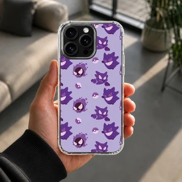 Gengar cartoon pattern with Poké Balls in purple on phone case — Lifestyle