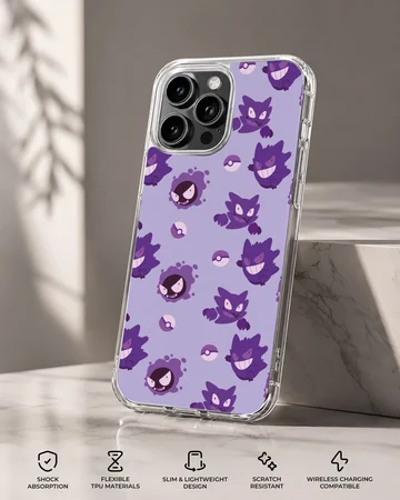 Gengar cartoon pattern with Poké Balls in purple on phone case — Specs