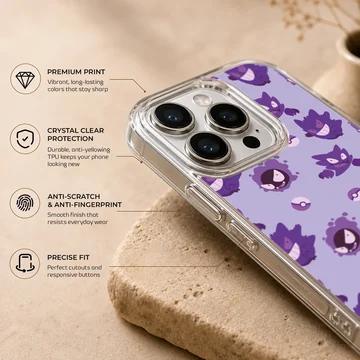 Gengar cartoon pattern with Poké Balls in purple on phone case — Info