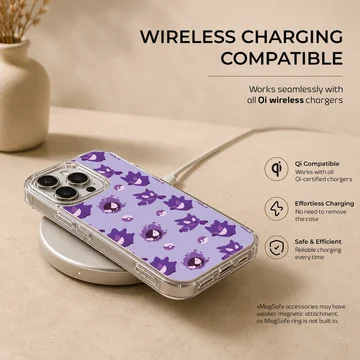 Gengar cartoon pattern with Poké Balls in purple on phone case — Charging