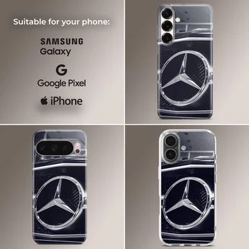 German car Merc design on phone case featuring iconic grille and emblem. — Collage