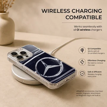 German car Merc design on phone case featuring iconic grille and emblem. — Charging