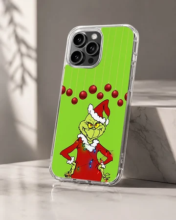 Grinch in festive attire with green background and red ornaments phone case — Hero