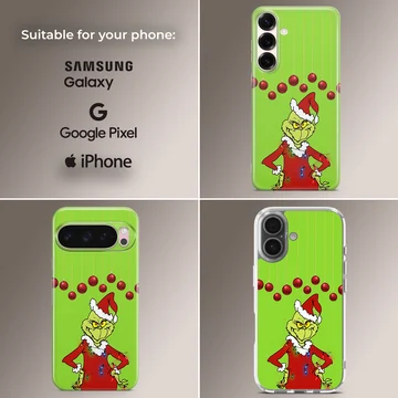 Grinch in festive attire with green background and red ornaments phone case — Collage