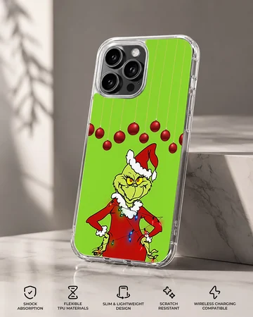 Grinch in festive attire with green background and red ornaments phone case — Specs
