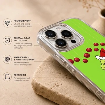 Grinch in festive attire with green background and red ornaments phone case — Info