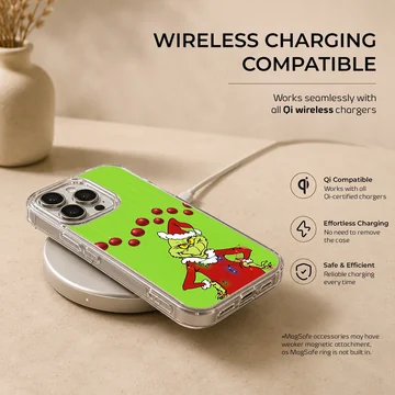Grinch in festive attire with green background and red ornaments phone case — Charging