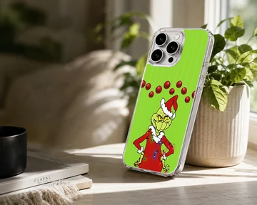 Grinch in festive attire with green background and red ornaments phone case — Lifestyle