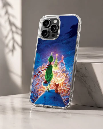 Grinch overlooking a whimsical town scene phone case — Hero