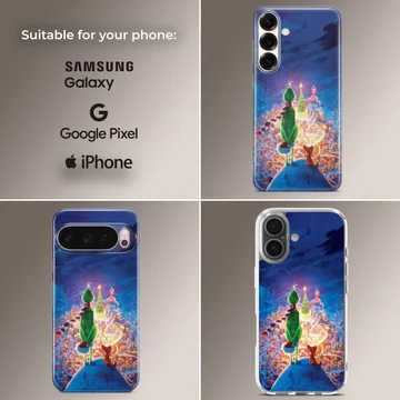 Grinch overlooking a whimsical town scene phone case — Collage