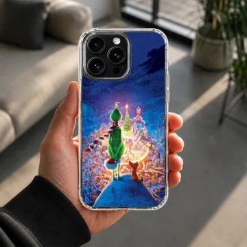 Grinch overlooking a whimsical town scene phone case — Lifestyle