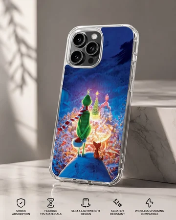 Grinch overlooking a whimsical town scene phone case — Specs
