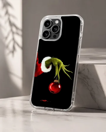 Grinch holding ornament in holiday-themed phone case — Hero
