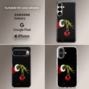 Grinch holding ornament in holiday-themed phone case — Collage