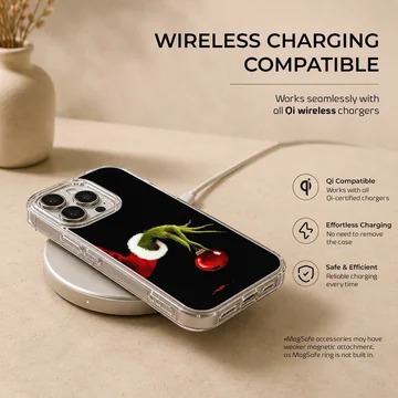 Grinch holding ornament in holiday-themed phone case — Charging