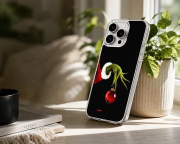Grinch holding ornament in holiday-themed phone case — Lifestyle