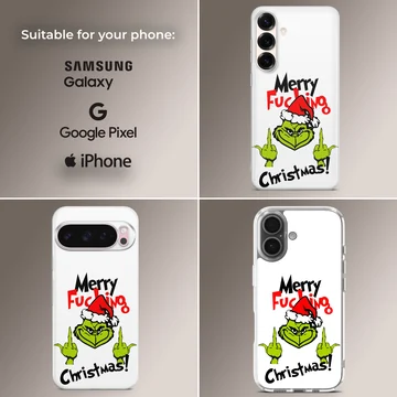 Grinch with bold typography on a holiday phone case — Collage