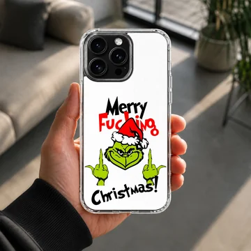 Grinch with bold typography on a holiday phone case — Lifestyle