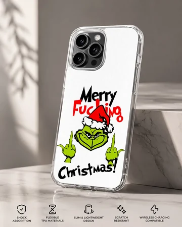 Grinch with bold typography on a holiday phone case — Specs