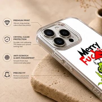 Grinch with bold typography on a holiday phone case — Info