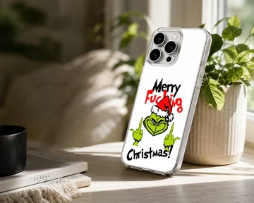 Grinch with bold typography on a holiday phone case — Lifestyle