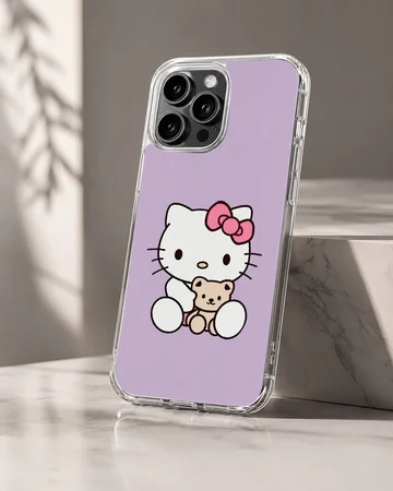 Hello Kitty cartoon phone case in pastel purple, featuring Hello Kitty with a teddy bear. — Hero