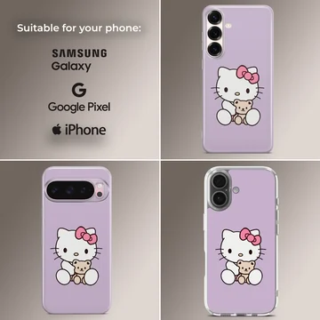 Hello Kitty cartoon phone case in pastel purple, featuring Hello Kitty with a teddy bear. — Collage