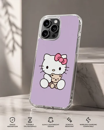 Hello Kitty cartoon phone case in pastel purple, featuring Hello Kitty with a teddy bear. — Specs