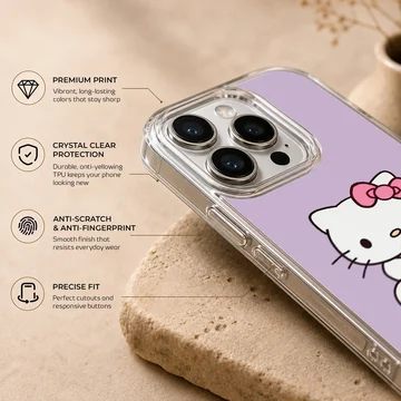 Hello Kitty cartoon phone case in pastel purple, featuring Hello Kitty with a teddy bear. — Info