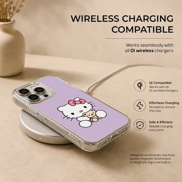 Hello Kitty cartoon phone case in pastel purple, featuring Hello Kitty with a teddy bear. — Charging