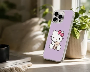 Hello Kitty cartoon phone case in pastel purple, featuring Hello Kitty with a teddy bear. — Lifestyle