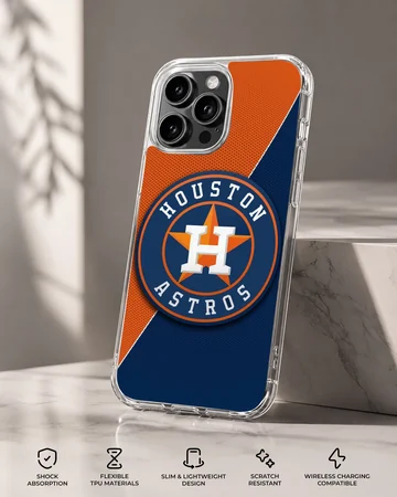 Houston Astros logo on bold blue and orange phone case — Specs