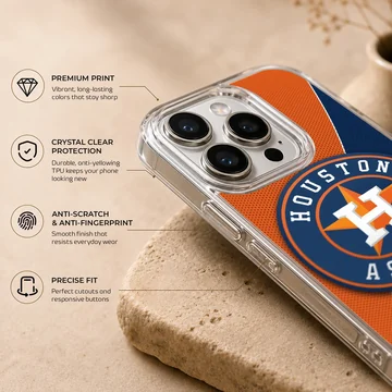 Houston Astros logo on bold blue and orange phone case — Info
