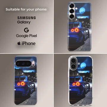 JDM car scene with dynamic street design on phone case — Collage