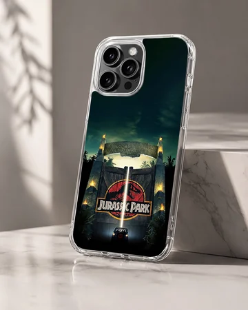 Jurassic Park phone case featuring the iconic gate under a dramatic sky. — Hero